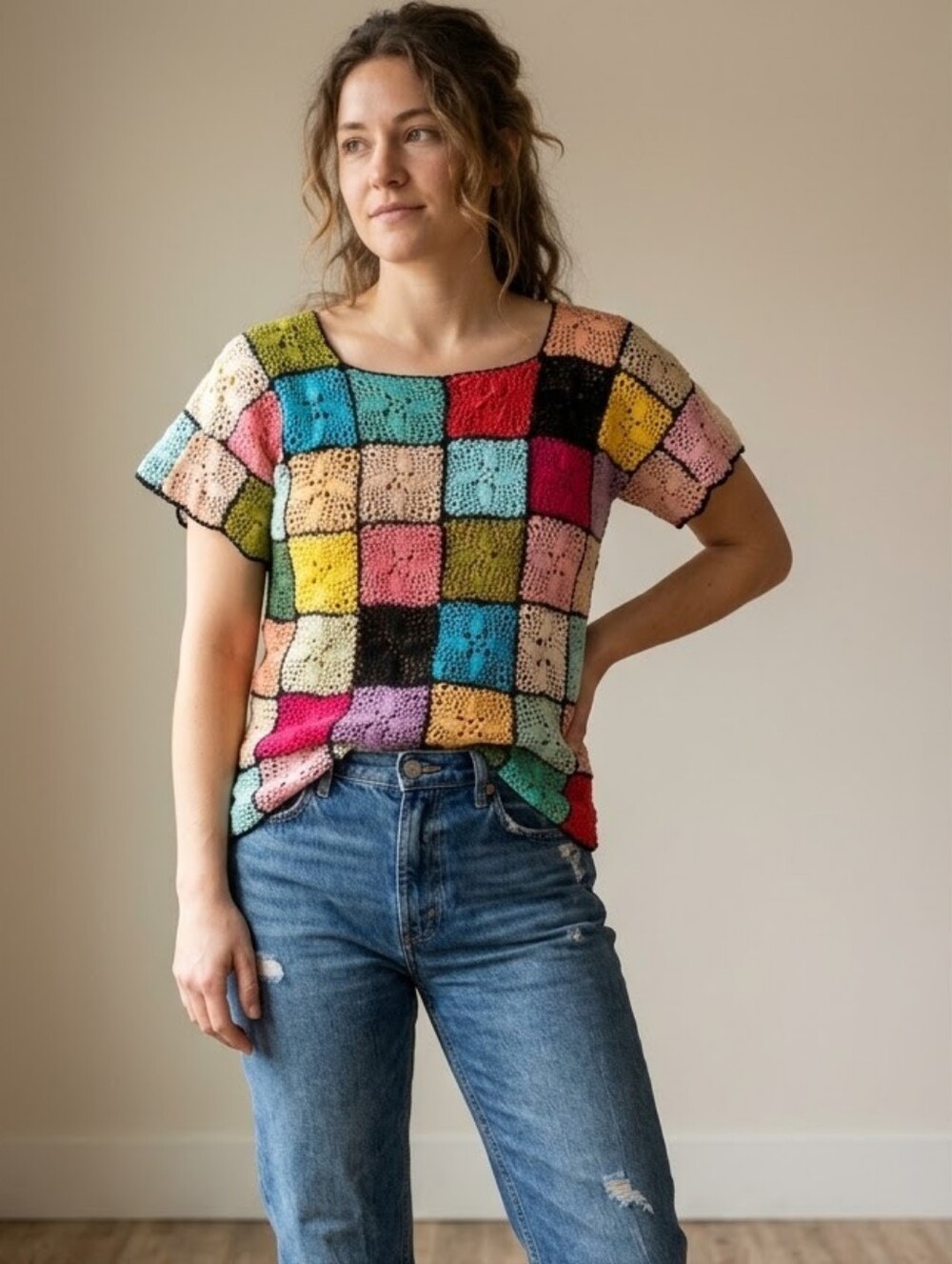 Vtg 70s Look Boho Colorful Granny Square Patchwork Crochet Short Sleeve Top S/M